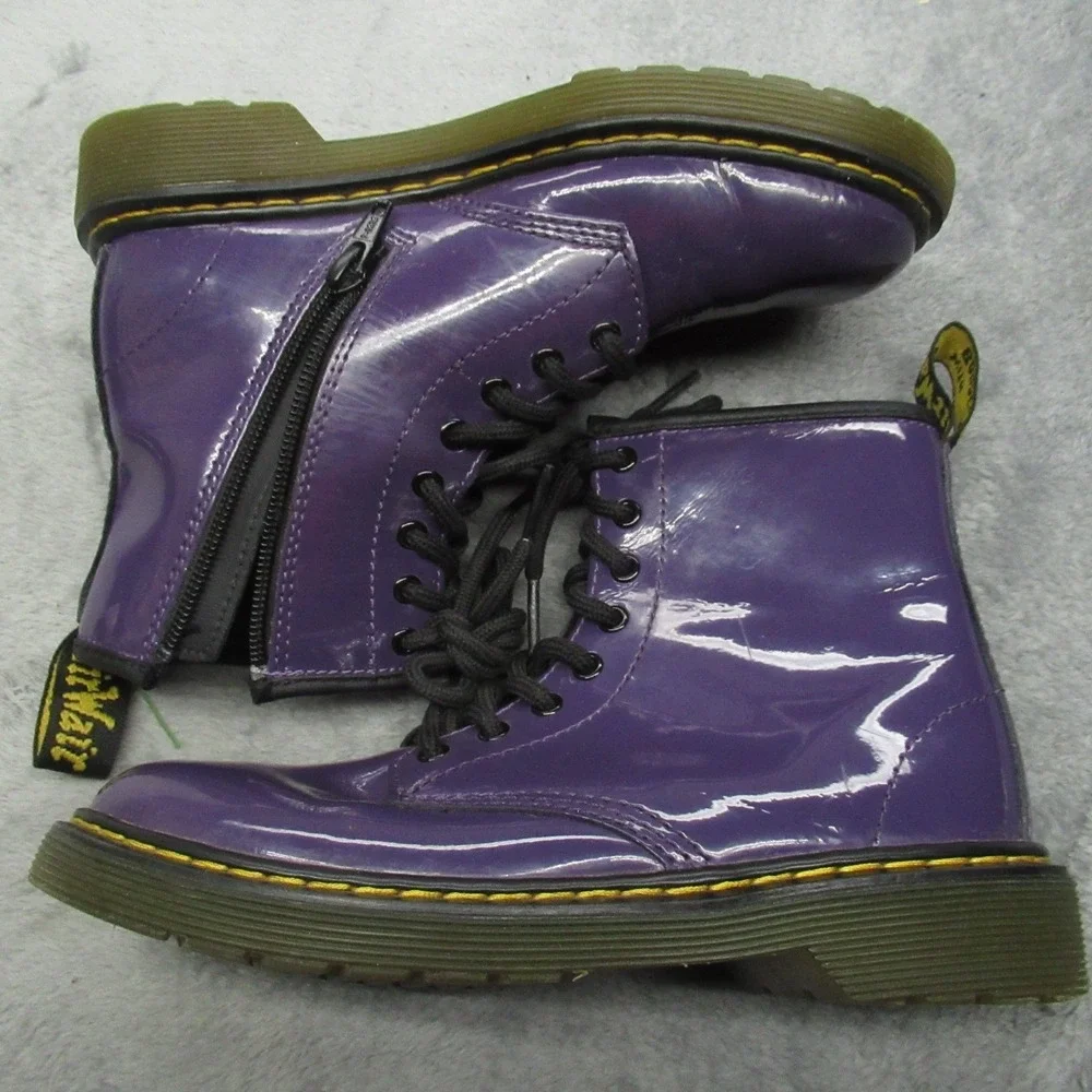 Dr Martens Boots Youth 2 Purple Leather Combat Side Zip CHunky Glossy Waterproof